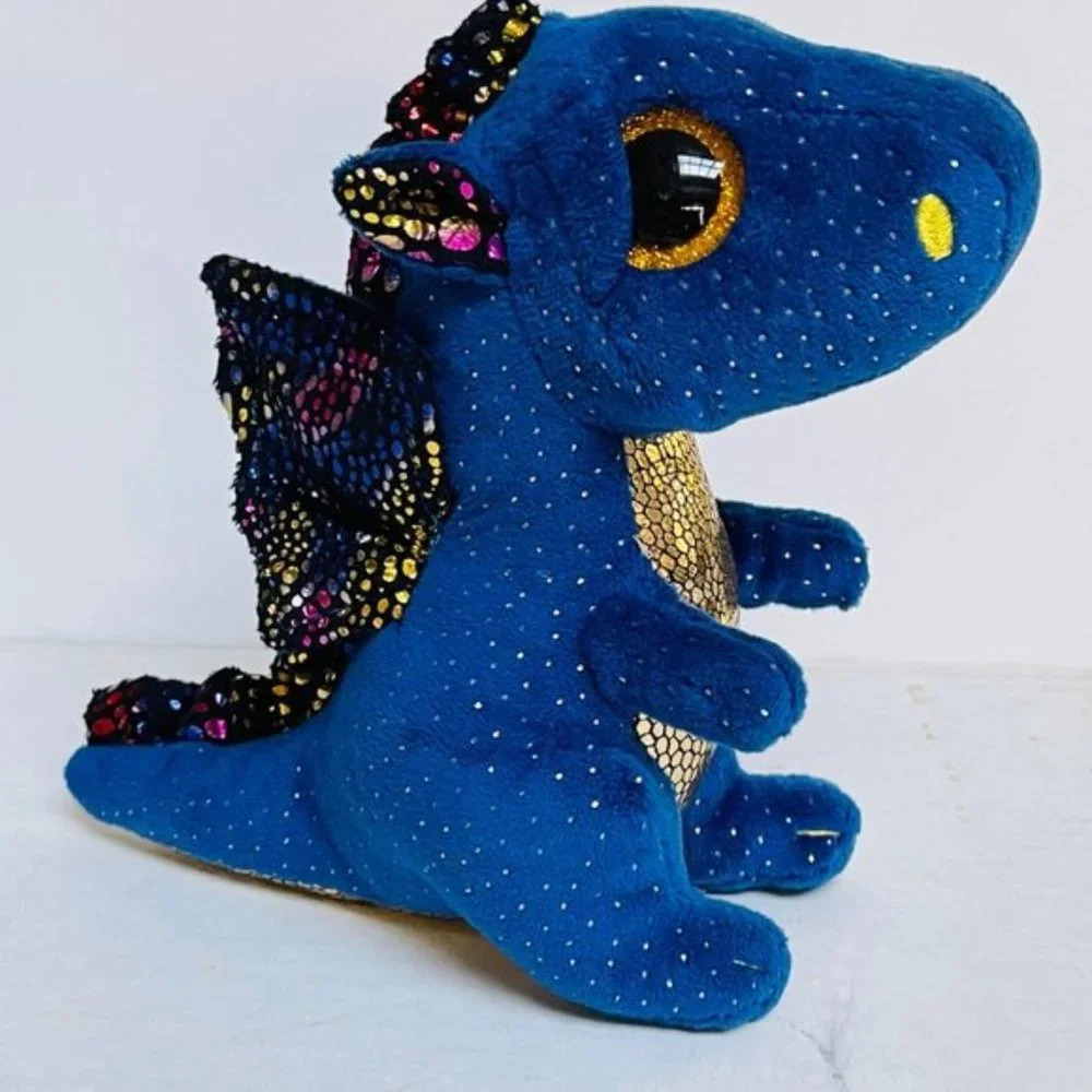 TY Saffire Dragon Plush Stuffed Animal Gold Glitter Metallic Blue‎ Kids Toy Soft